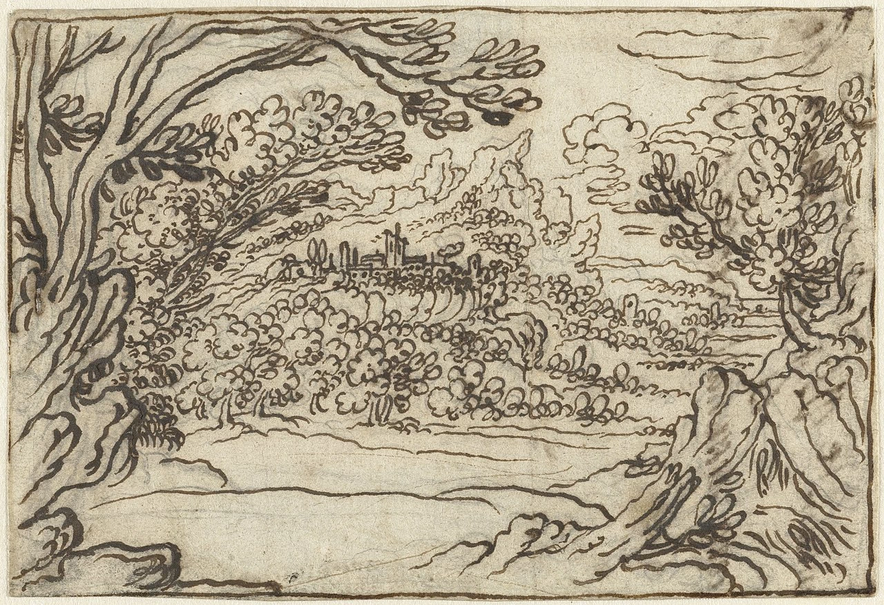 Paesaggio con vista su una città fortificata su un altopiano montano - Rijksmuseum